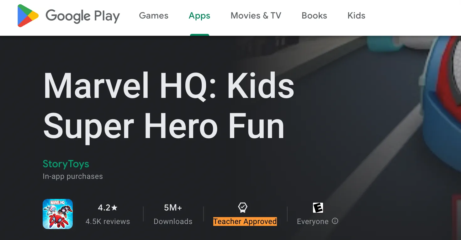 Giao diện Google Play Store hiển thị ứng dụng Marvel HQ được 'Teacher Approved' cho trẻ em trên Galaxy Watch.