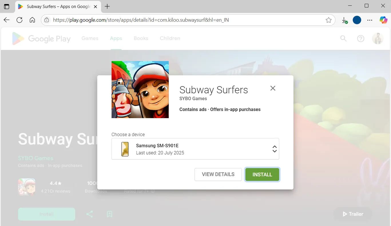 Giao diện Google Play Store trên trình duyệt web, cho phép cài đặt ứng dụng từ xa lên điện thoại Android