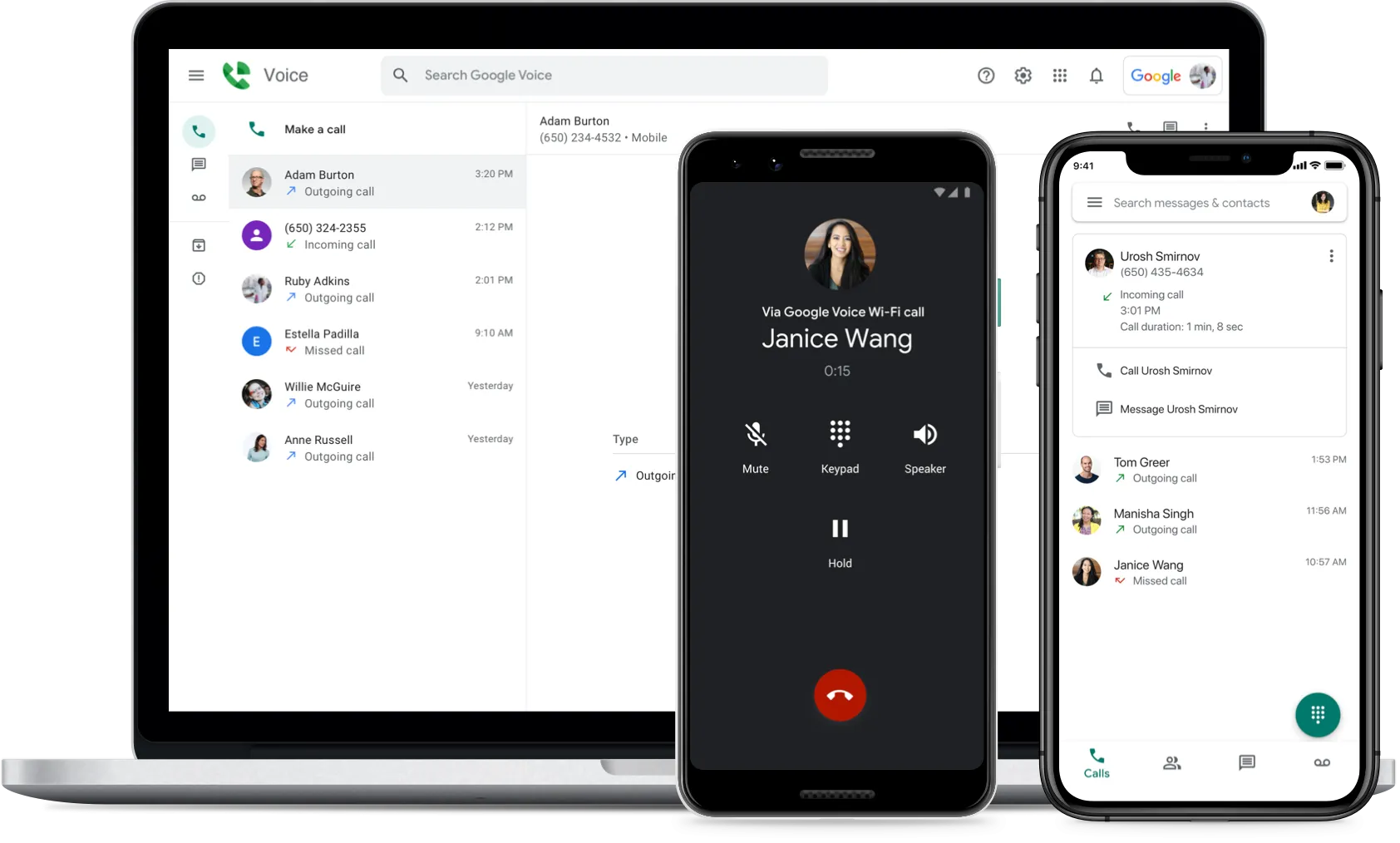 Giao diện Google Voice trên nhiều thiết bị, minh họa khả năng gọi quốc tế và tích hợp hệ sinh thái Google.