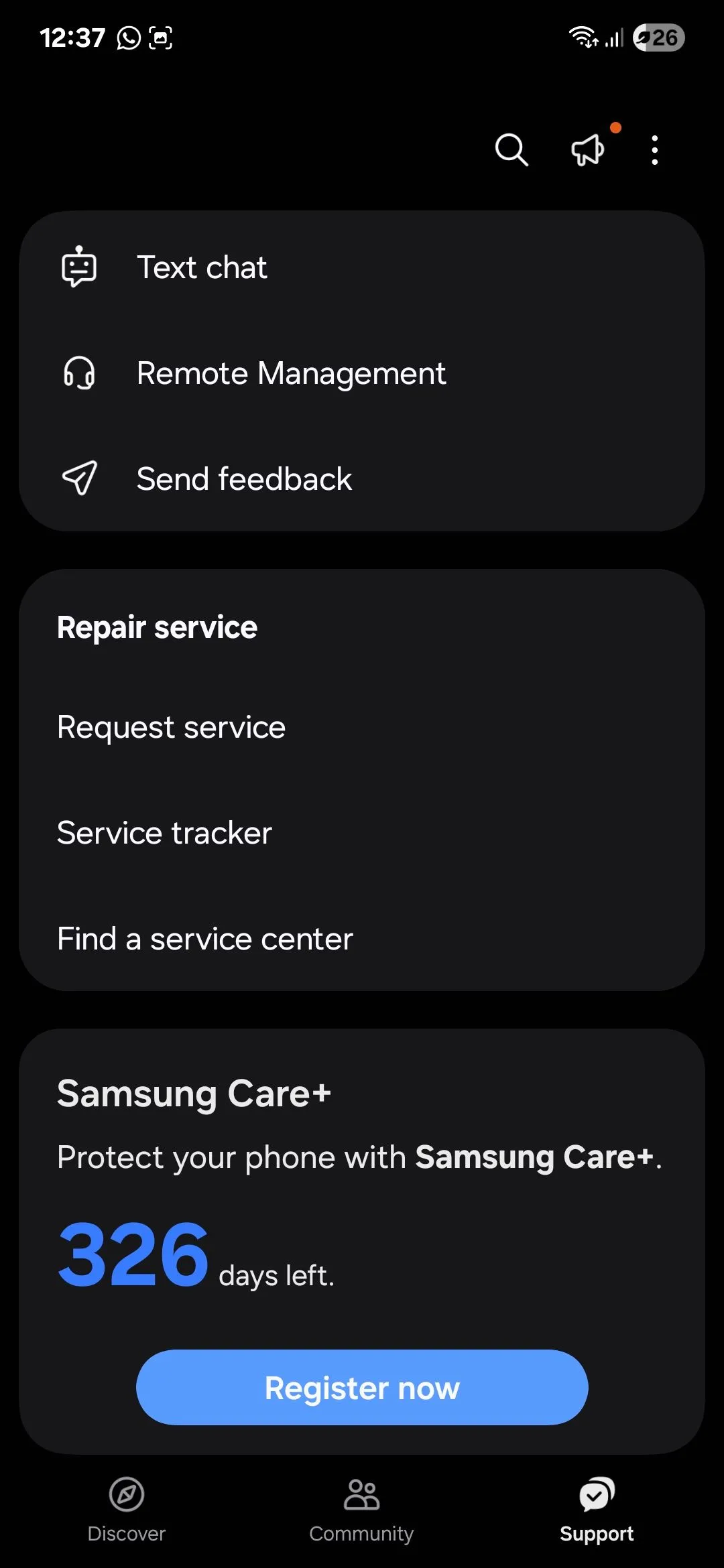 Giao diện hỗ trợ và chẩn đoán trong ứng dụng Samsung Members