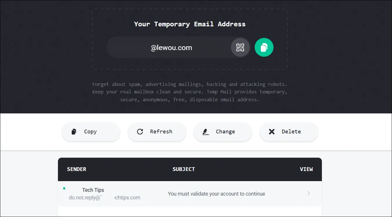 Giao diện hộp thư đến của TempMail, một dịch vụ email dùng một lần tiện lợi.