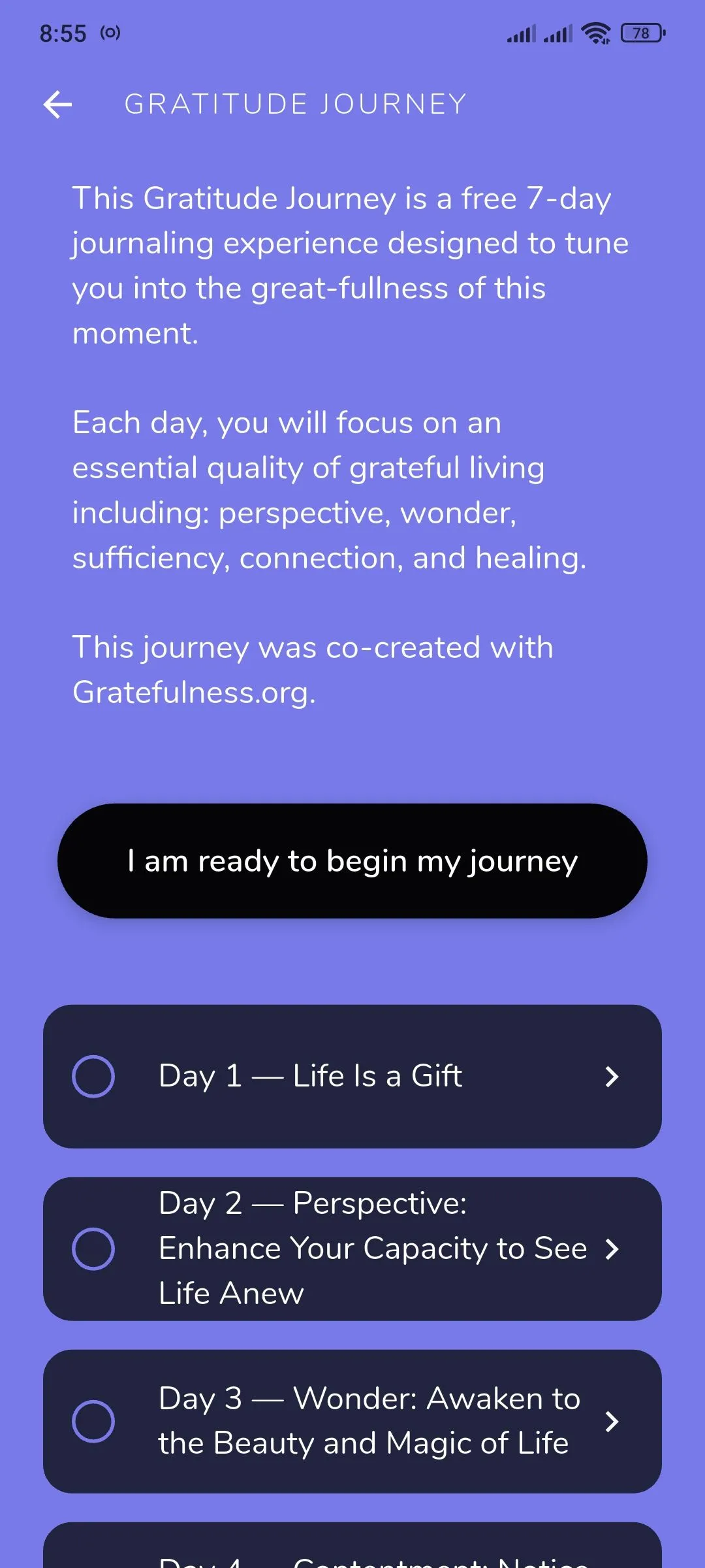 Giao diện hướng dẫn &quot;Hành trình Tri ân 7 ngày&quot; của Reflection.app, một ví dụ về tính năng ghi nhật ký có hướng dẫn