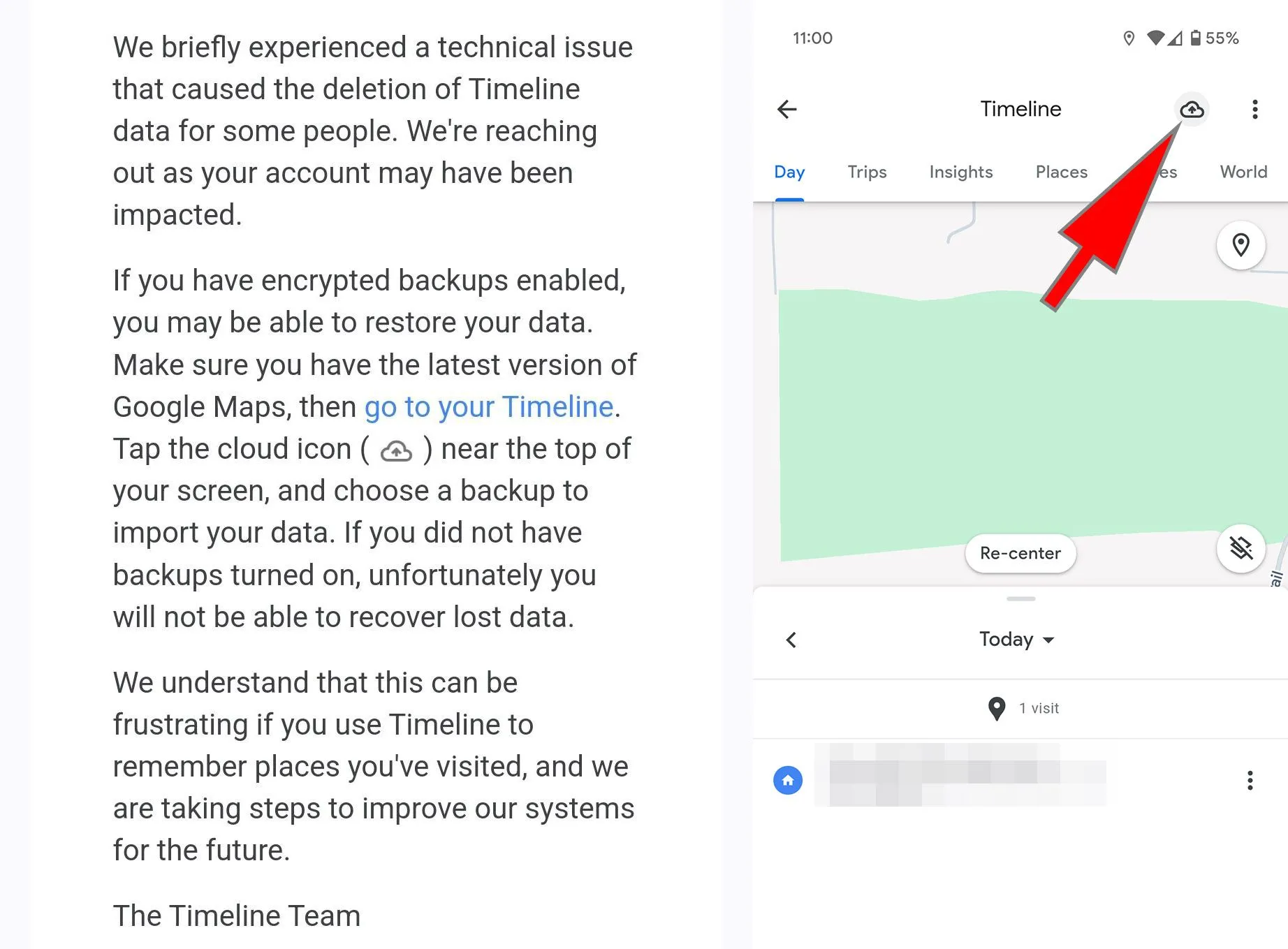 Giao diện hướng dẫn khôi phục dữ liệu Timeline Google Maps.