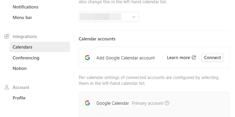 Giao diện kết nối Google Calendar với Notion Calendar để quản lý sự kiện.