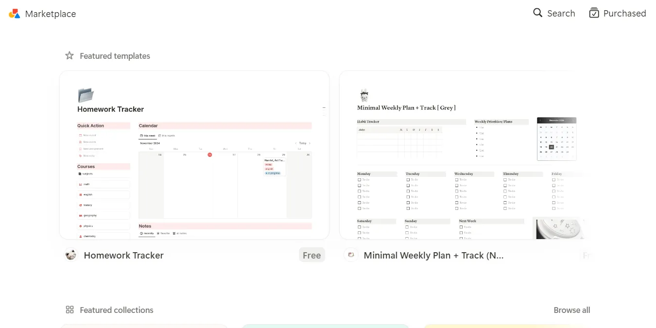 Giao diện kho mẫu (template marketplace) trong Notion