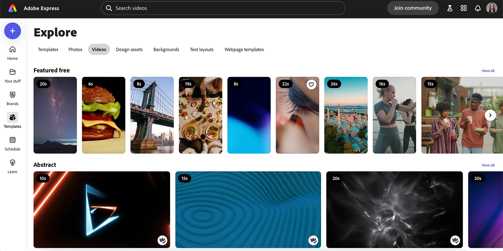 Giao diện kho tài nguyên video stock trong Adobe Express.