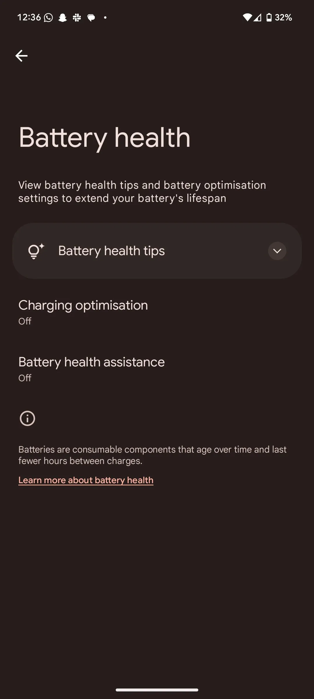 Giao diện kiểm tra sức khỏe pin trong cài đặt Android 16