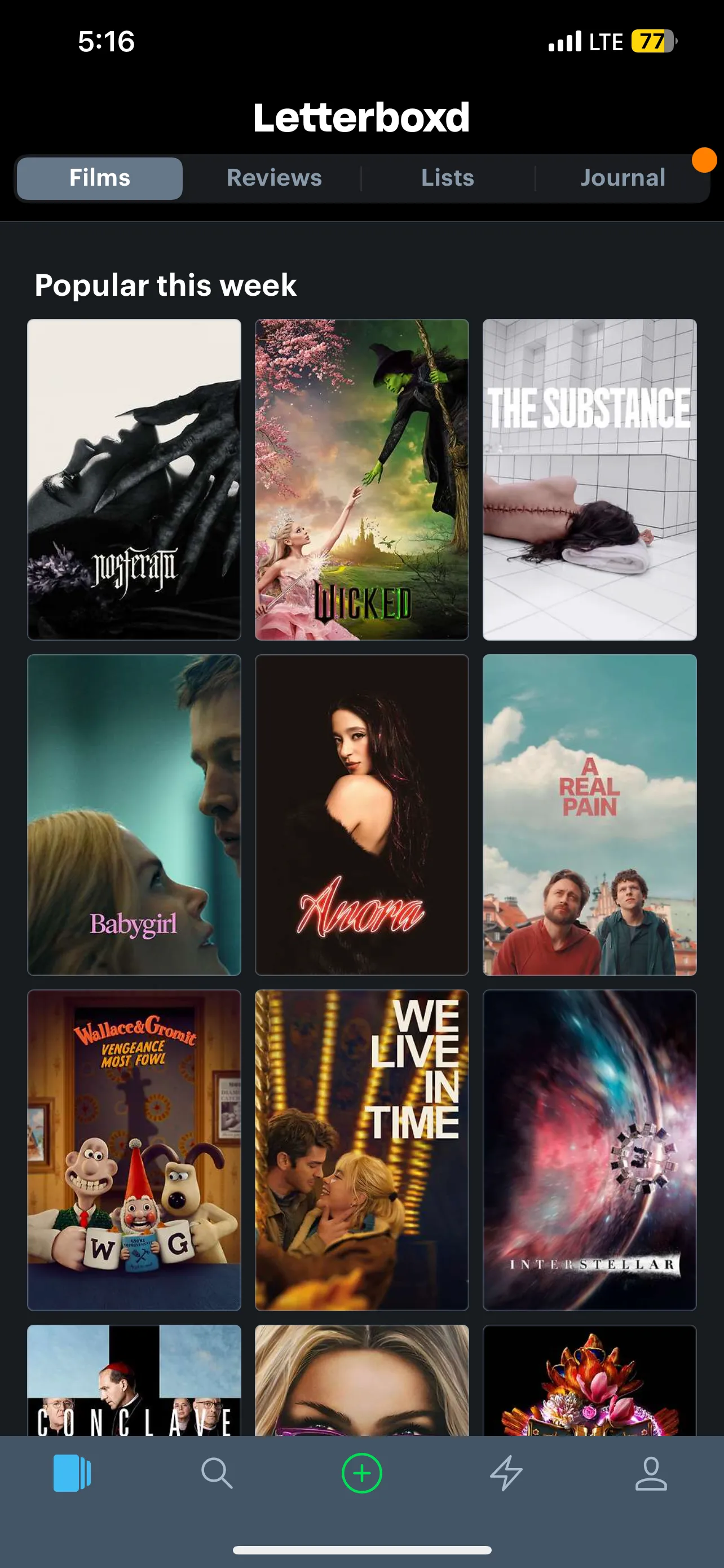 Giao diện Letterboxd hiển thị danh sách các bộ phim điện ảnh phổ biến nhất trong tuần này