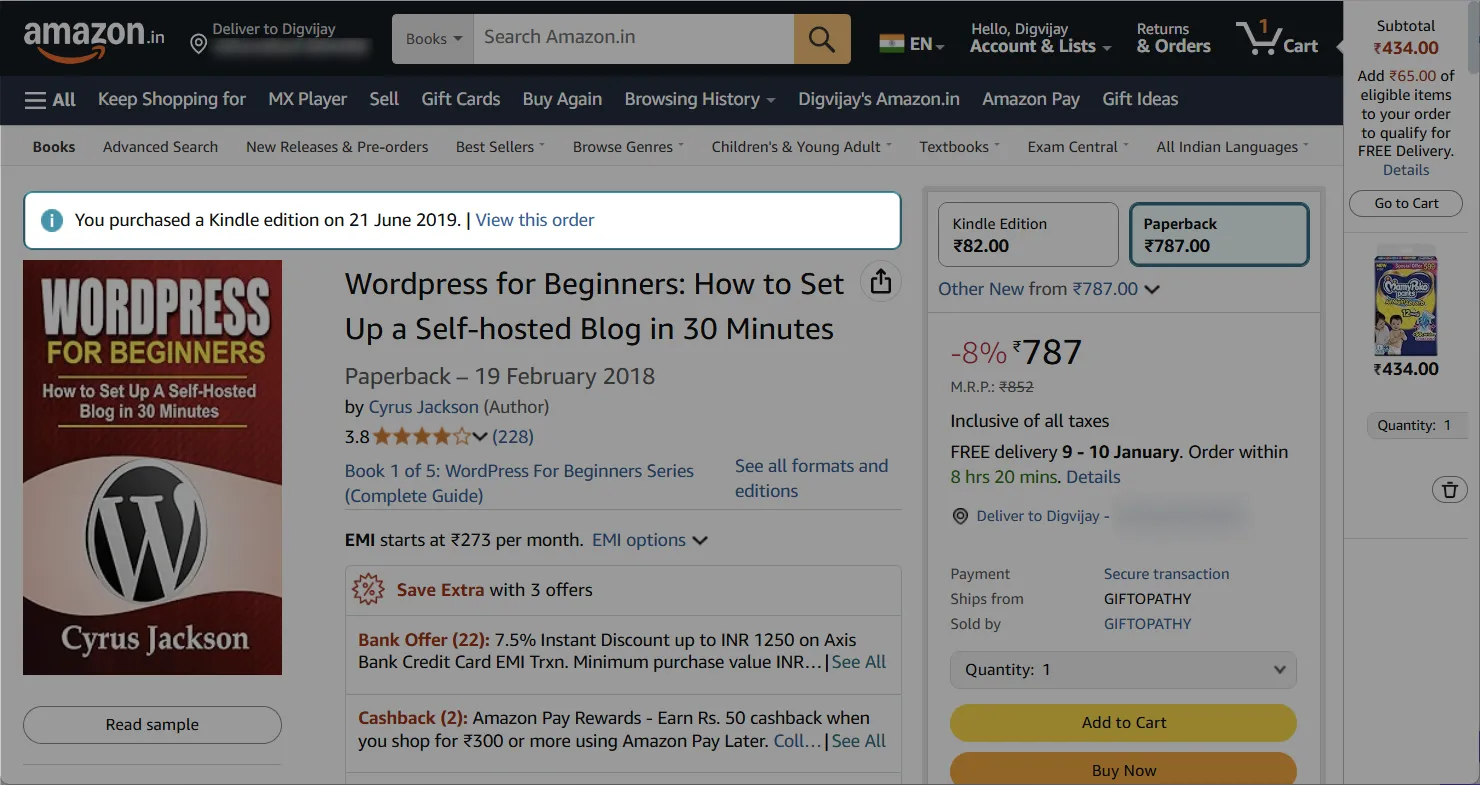 Giao diện lịch sử đơn hàng và mua sắm của tôi trên Amazon