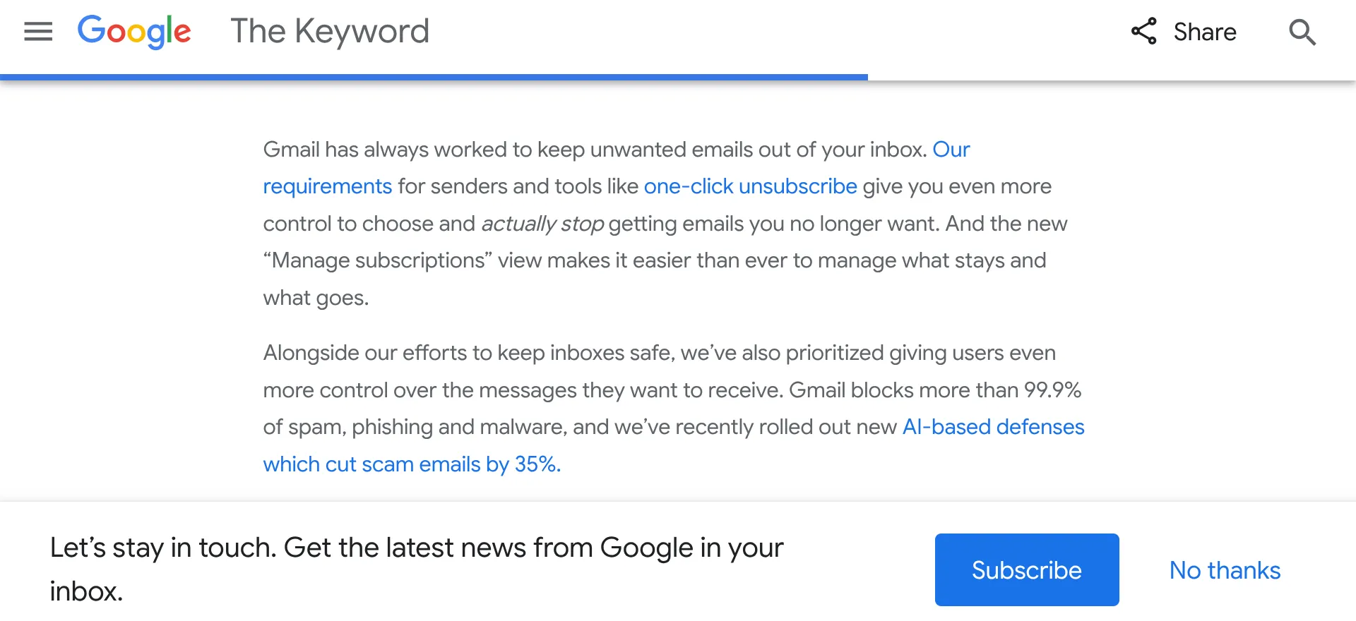 Giao diện lời mời đăng ký nhận bản tin từ blog Google The Keyword