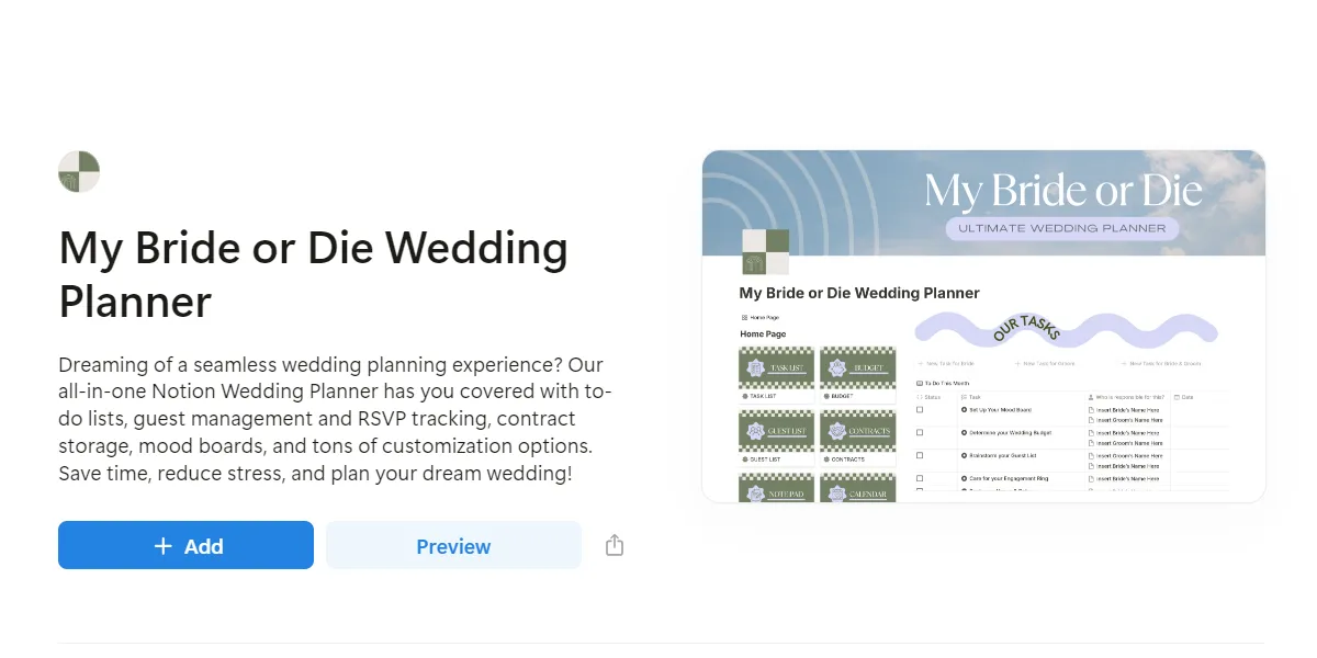 Giao diện mẫu kế hoạch đám cưới (Wedding Planner) trong Notion, minh họa sự đa dạng và chi tiết của các template.