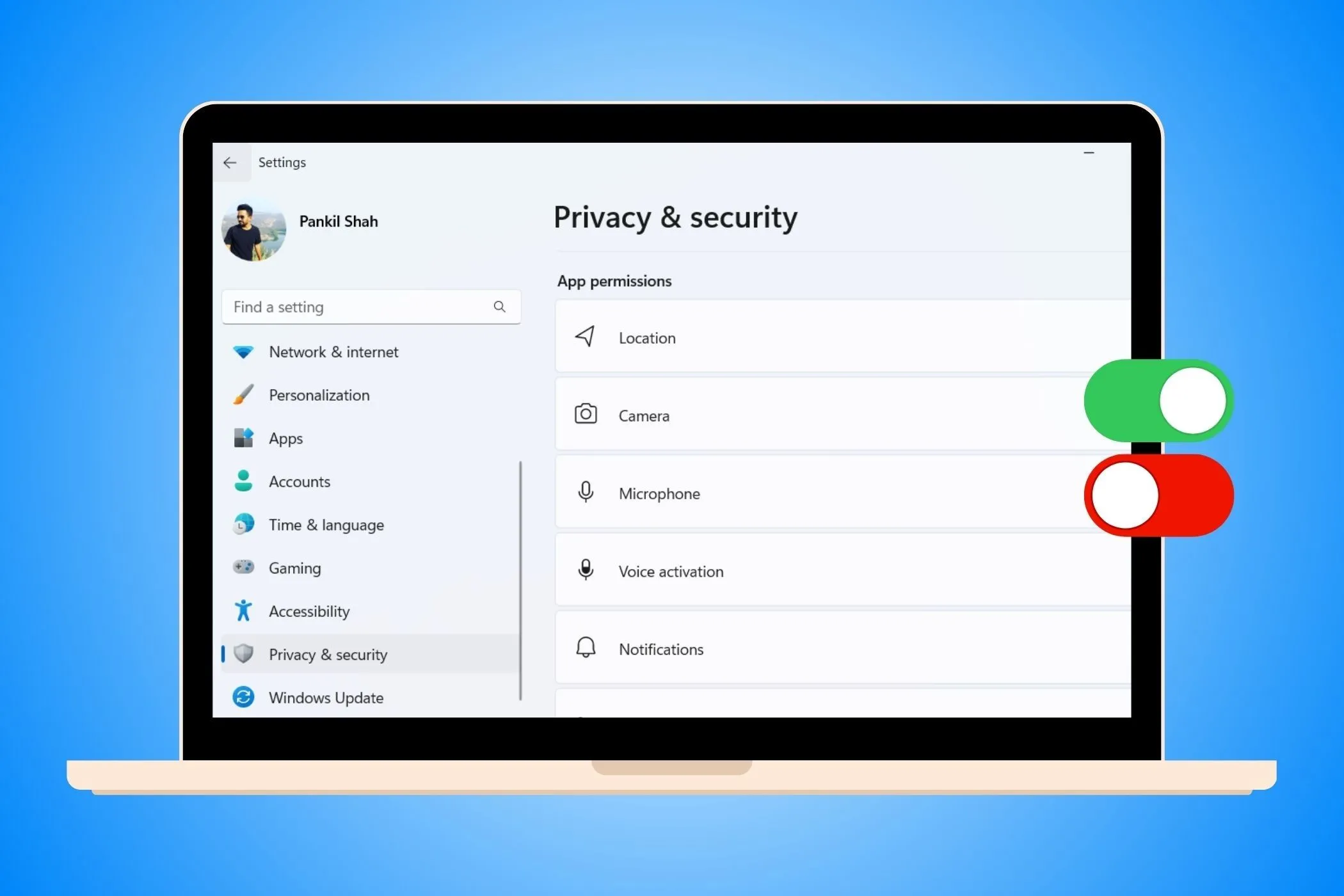 Giao diện menu cài đặt quyền riêng tư và bảo mật trong ứng dụng Cài đặt của Windows, với các nút gạt màu xanh và đỏ để bật/tắt các tùy chọn thu thập dữ liệu.