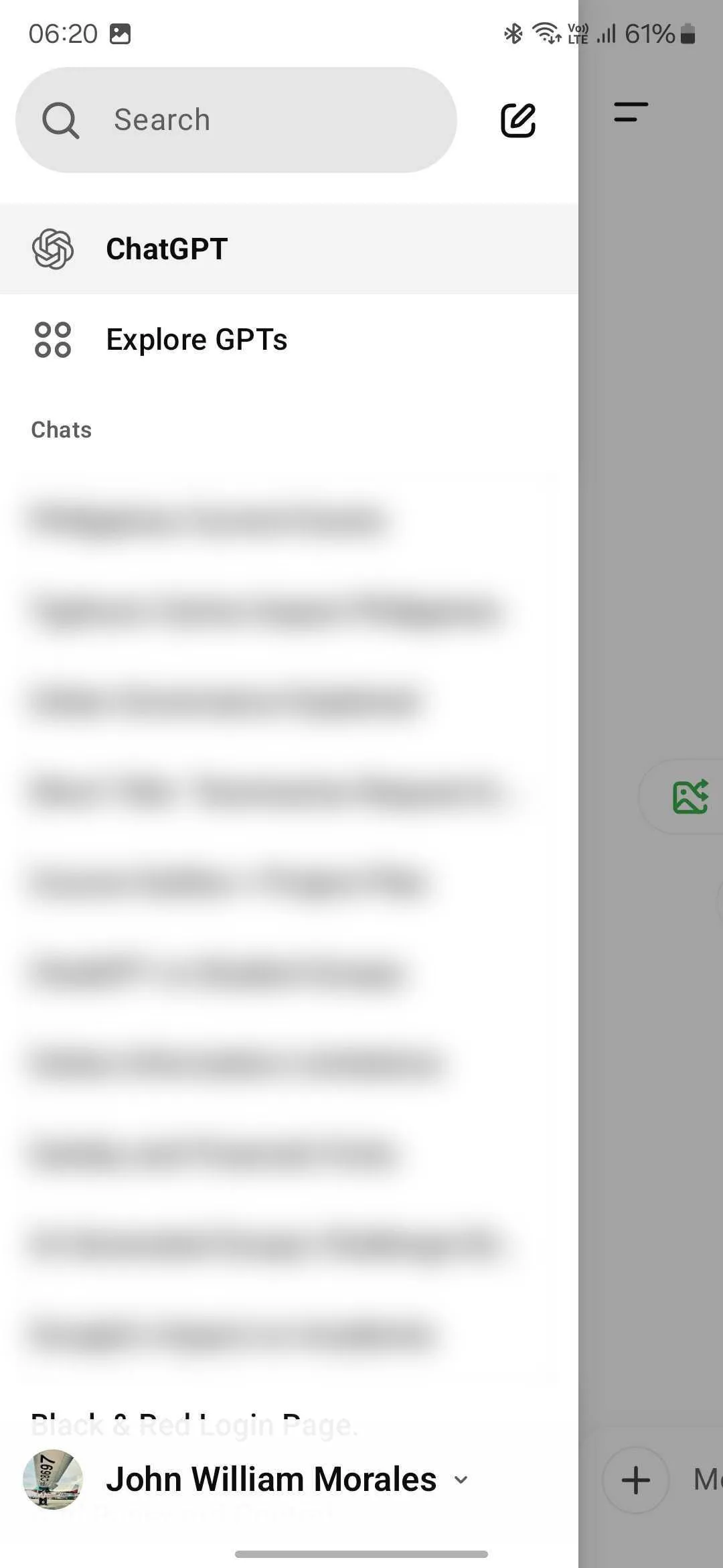 Giao diện menu chính của ứng dụng ChatGPT trên Android