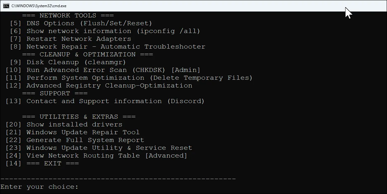 Giao diện menu chính của Windows Maintenance Tool với các tùy chọn khắc phục sự cố Windows