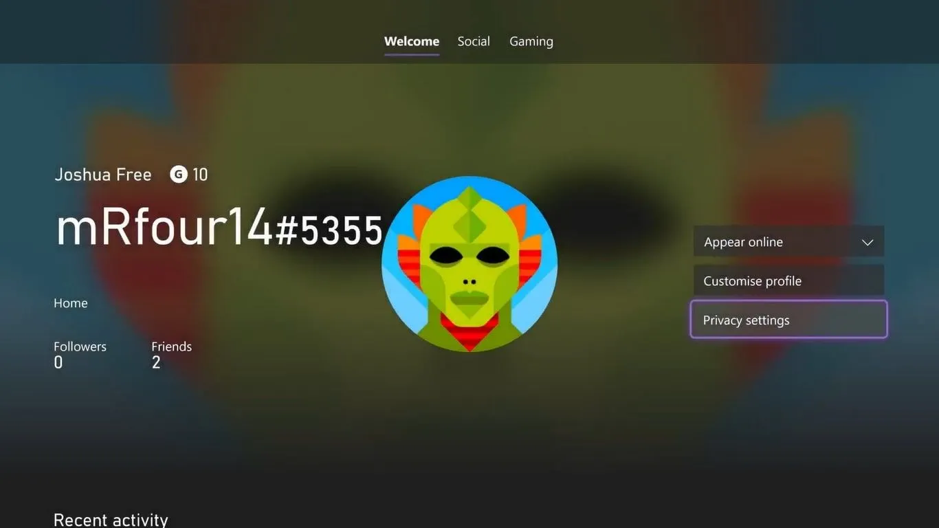 Giao diện menu chính hồ sơ người dùng trên máy chơi game Xbox Series X