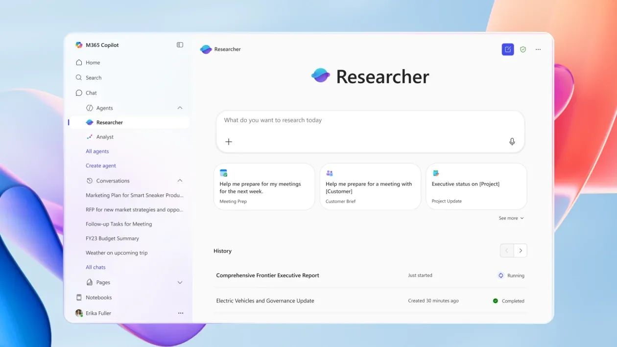 Giao diện Microsoft 365 Copilot với tính năng Researcher AI