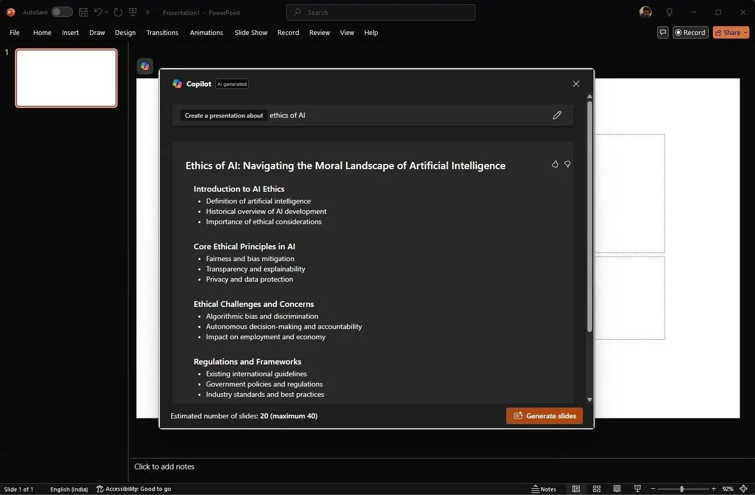 Giao diện Microsoft Copilot tích hợp trong PowerPoint hỗ trợ tạo bản trình bày mới