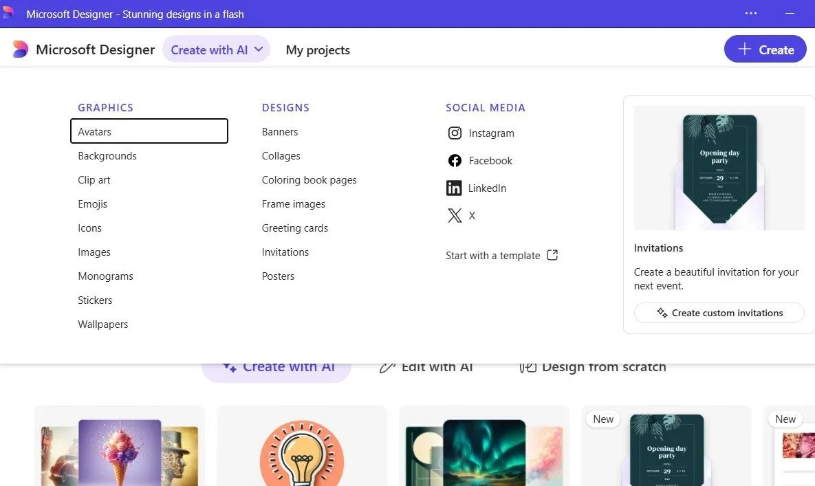 Giao diện Microsoft Designer với tùy chọn thiết kế hình ảnh bằng trí tuệ nhân tạo AI