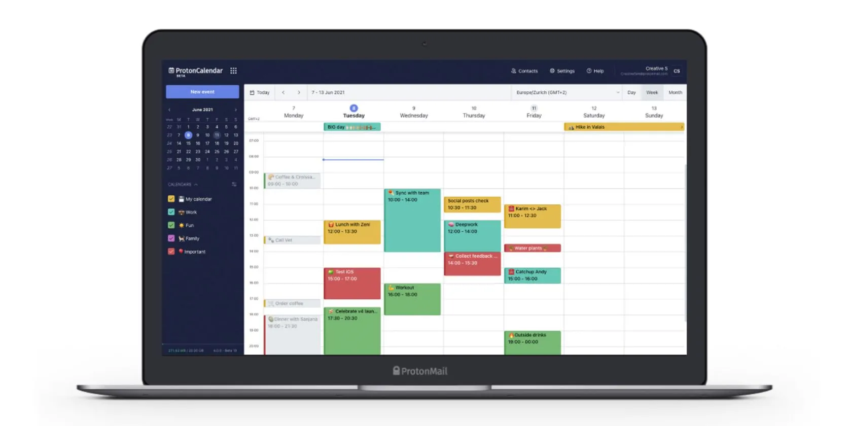 Giao diện mới của Proton Calendar trên máy tính hiển thị các sự kiện được sắp xếp theo thời gian
