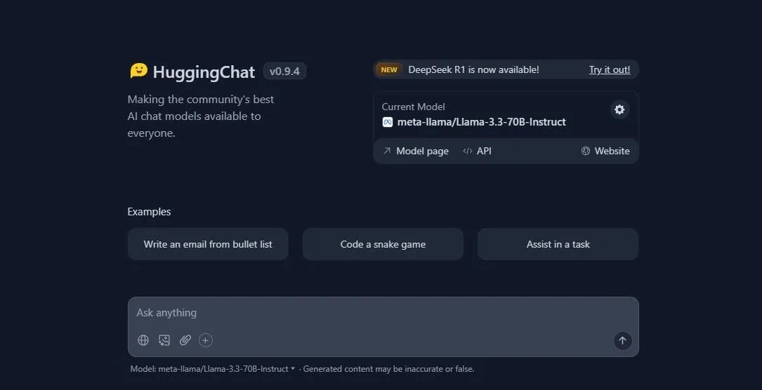 Giao diện người dùng của HuggingChat, một nền tảng AI bên thứ ba