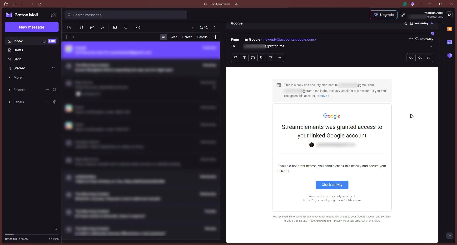 Giao diện người dùng của Proton Mail, dịch vụ email được mã hóa đầu cuối
