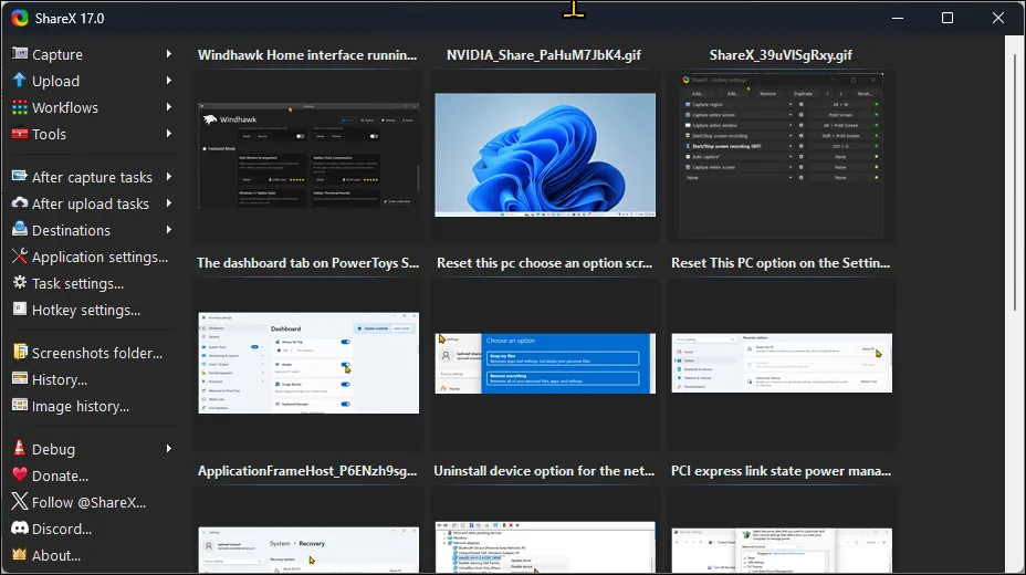 Giao diện người dùng của ShareX trên Windows 11, thể hiện các công cụ chụp và chỉnh sửa màn hình chuyên nghiệp