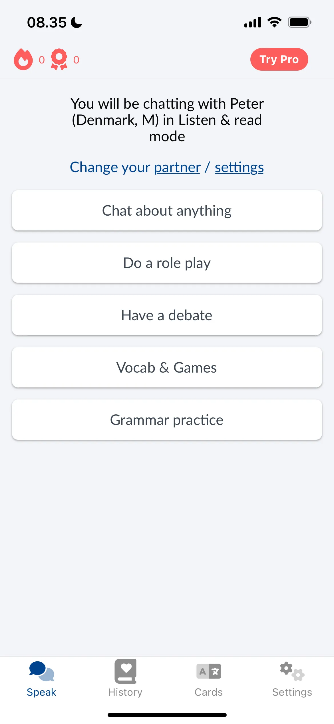 Giao diện người dùng của ứng dụng LanguaTalk trên hệ điều hành iOS.