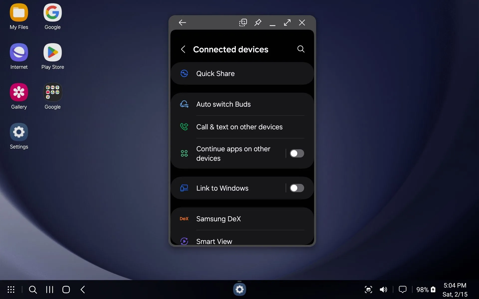 Giao diện người dùng Samsung DeX với menu Cài đặt đã mở