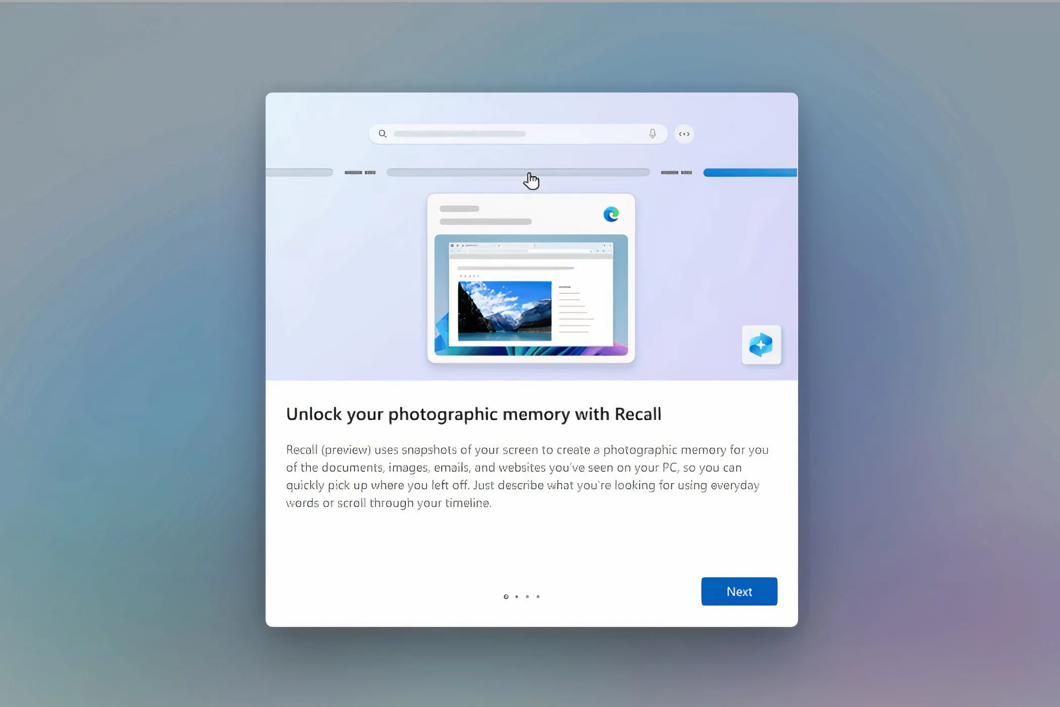 Giao diện người dùng Windows 11 thể hiện tính năng Recall, một công cụ tìm kiếm hoạt động dựa trên ảnh chụp màn hình