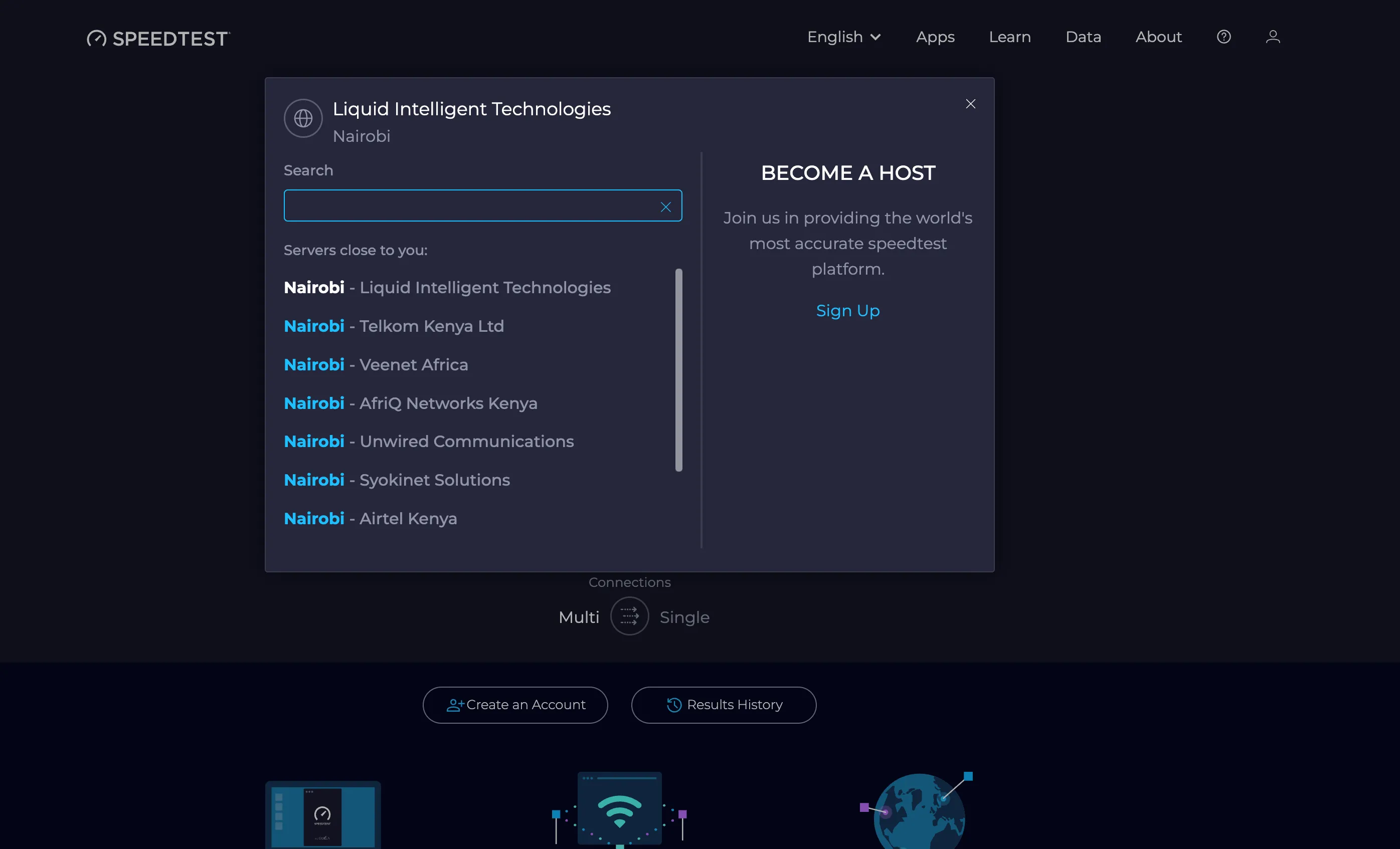 Giao diện Ookla Speedtest hiển thị tùy chọn chọn máy chủ kiểm tra, giúp người dùng chọn server gần để kết quả chính xác.