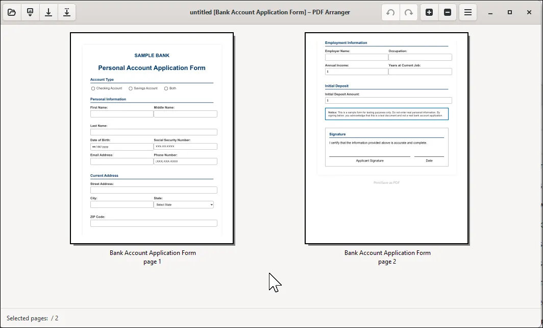Giao diện PDF Arranger với các trang PDF được hiển thị dưới dạng hình thu nhỏ để sắp xếp và chỉnh sửa
