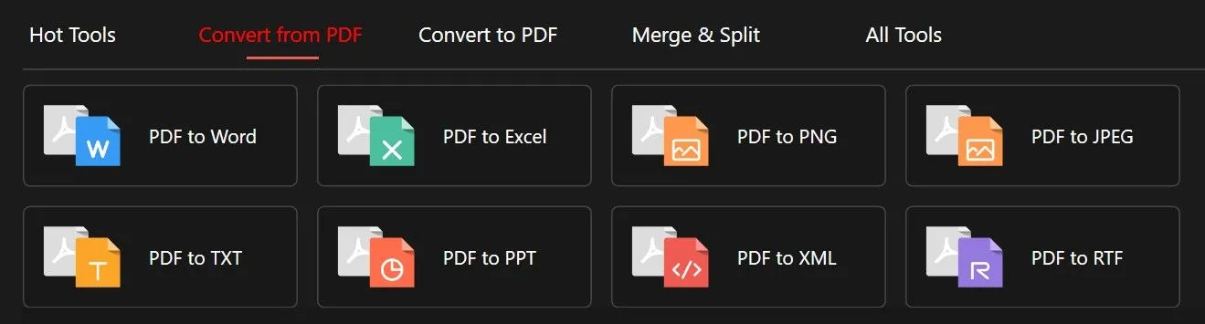 Giao diện PDFGear hiển thị tính năng chuyển đổi file PDF sang các định dạng khác như Word, Excel, PPT, ảnh