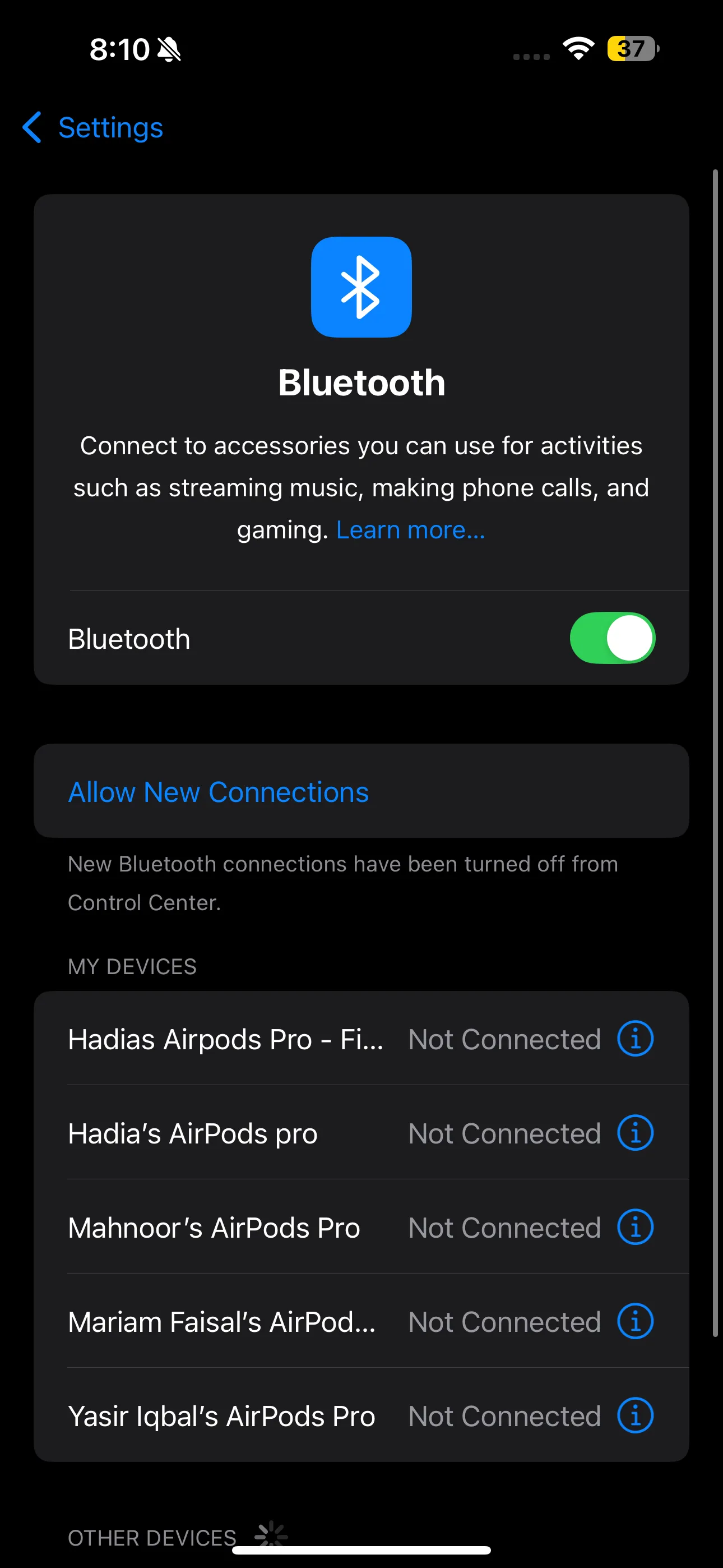 Giao diện phần Bluetooth trong ứng dụng Cài đặt iOS