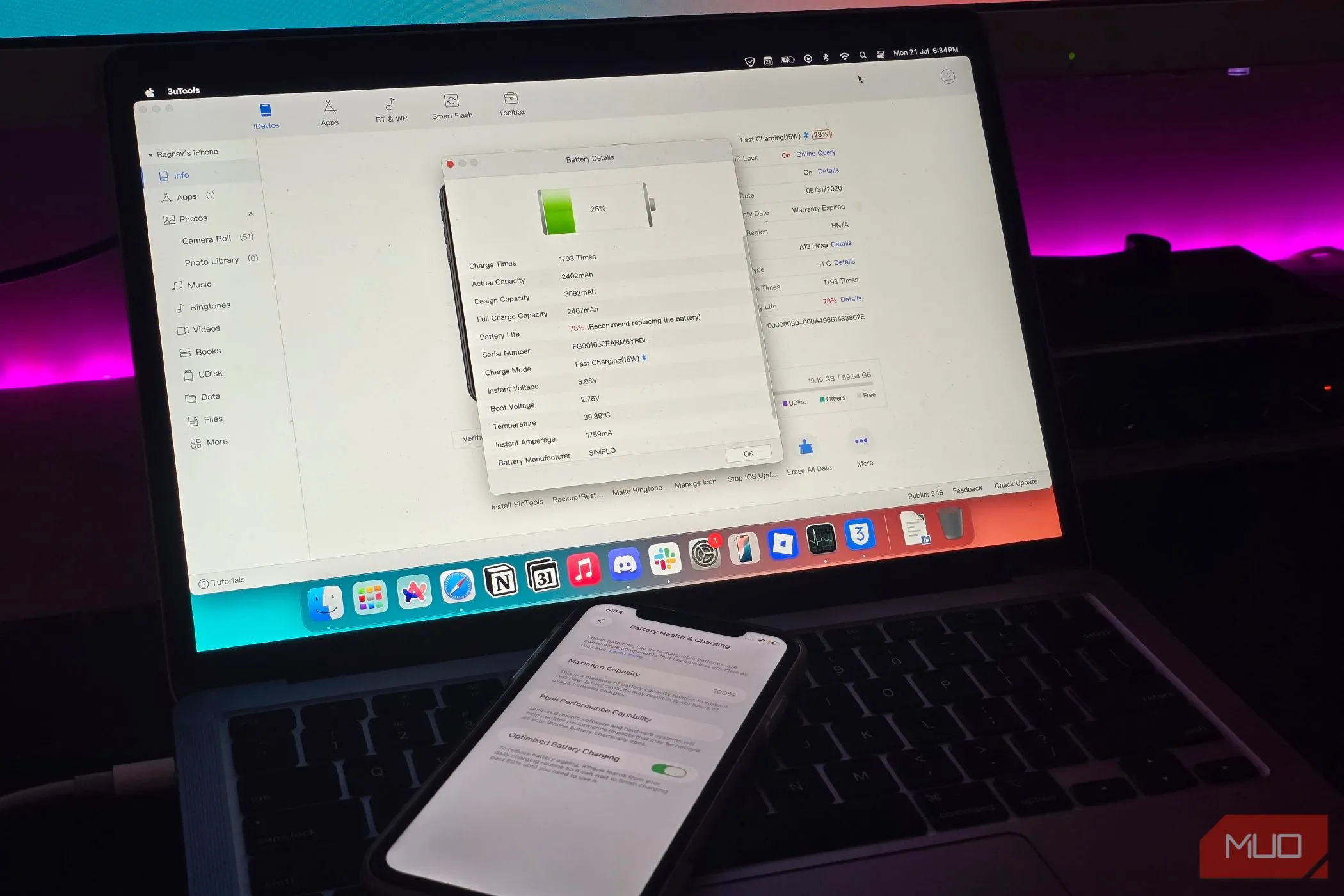 Giao diện phần mềm 3uTools hiển thị chi tiết sức khỏe pin iPhone trên máy tính