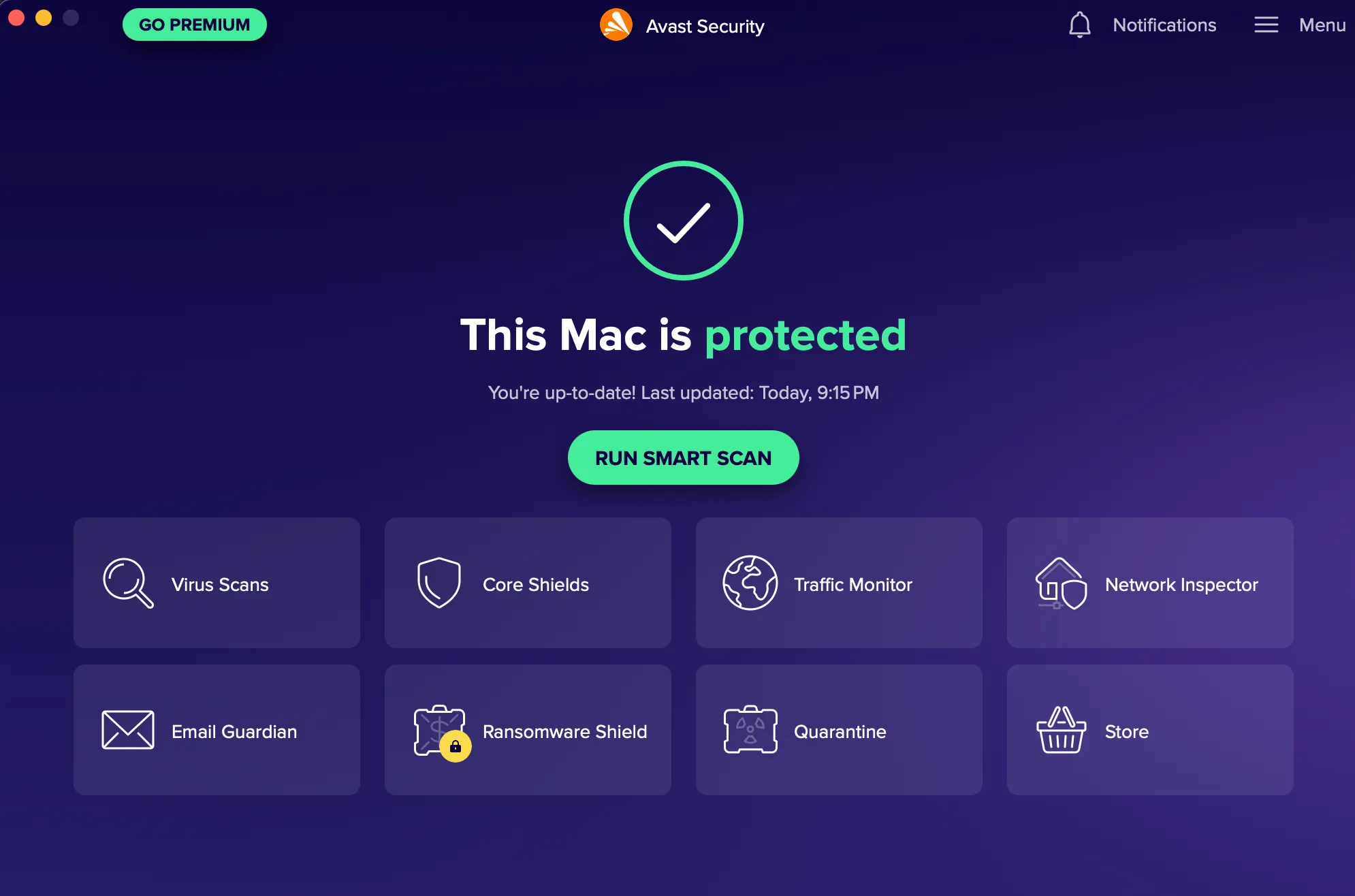 Giao diện phần mềm diệt virus Avast đang quét trên máy tính Mac, tượng trưng cho giải pháp bảo mật toàn diện chống lại keylogger.