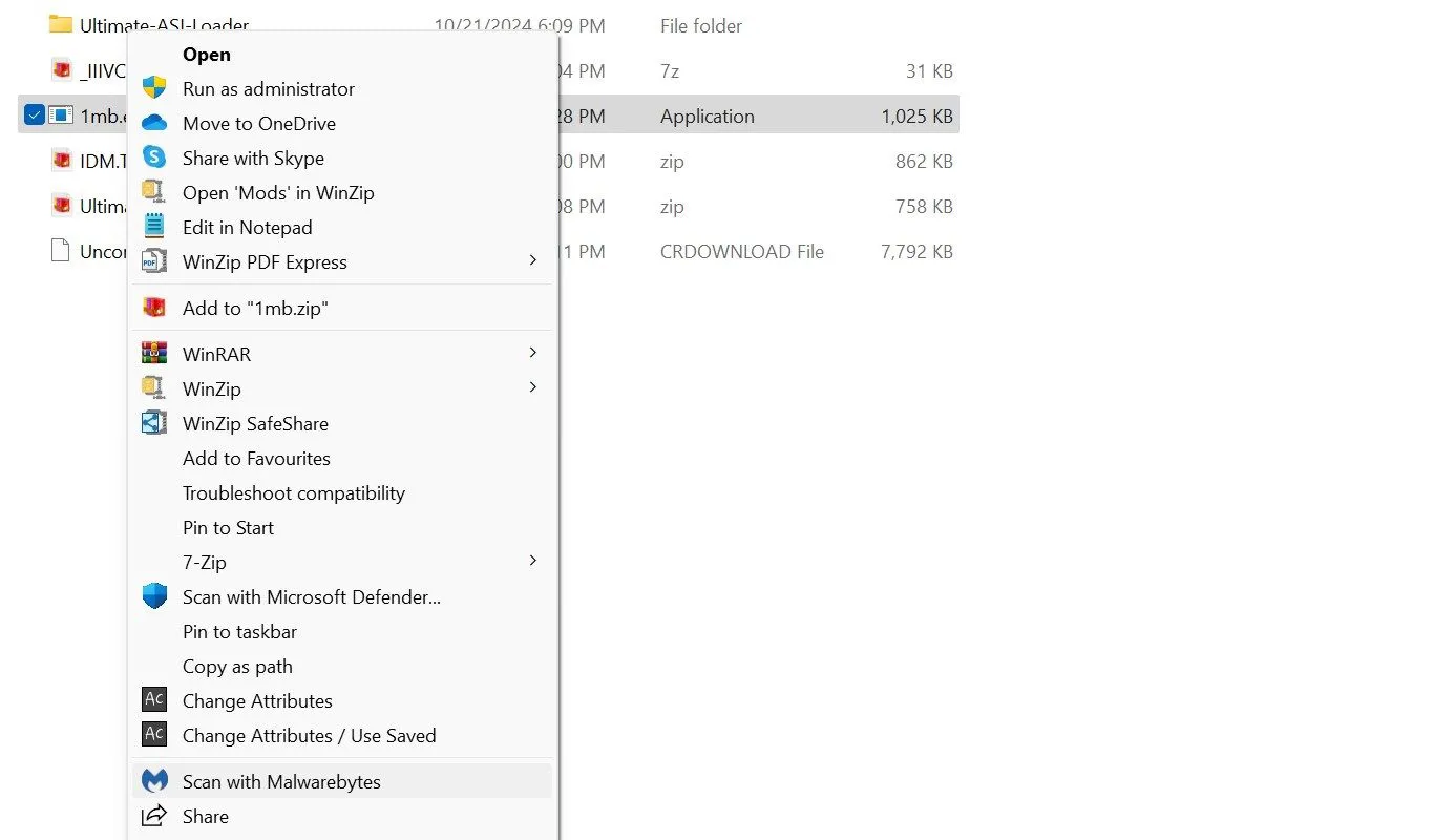 Giao diện phần mềm Malwarebytes đang quét một tệp tin EXE để phát hiện mã độc