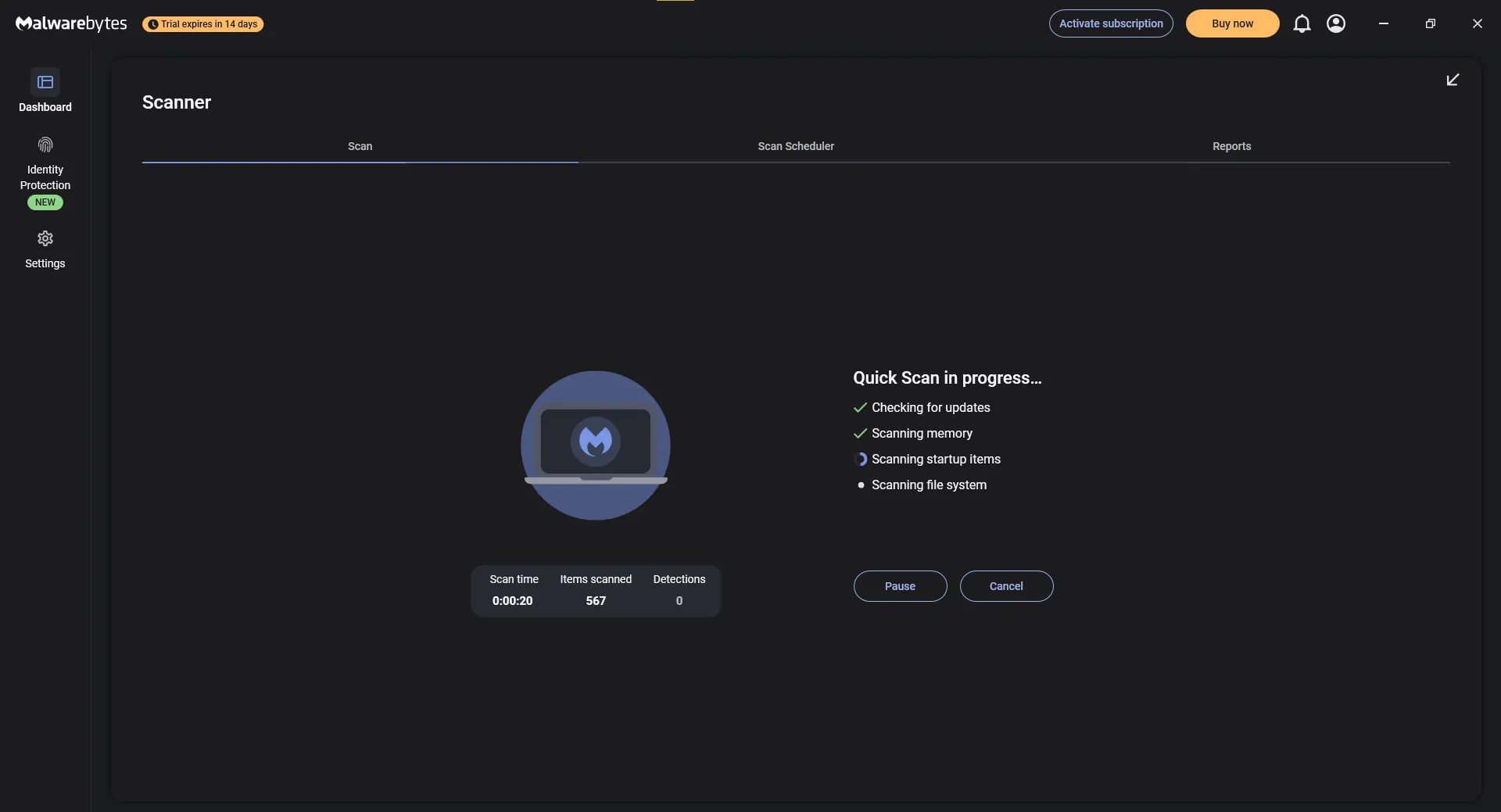 Giao diện phần mềm Malwarebytes đang thực hiện quét nhanh virus trên máy tính
