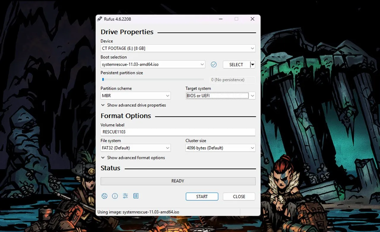 Giao diện phần mềm Rufus với các cài đặt để tạo USB SystemRescue bootable