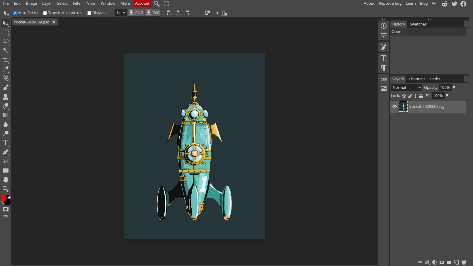 Giao diện Photopea Online Editor tương tự Photoshop, hiển thị file PSD đang được chỉnh sửa