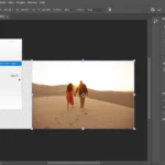 Giao diện Photoshop khi sử dụng Content-Aware Scale với khung giới hạn và điểm tham chiếu