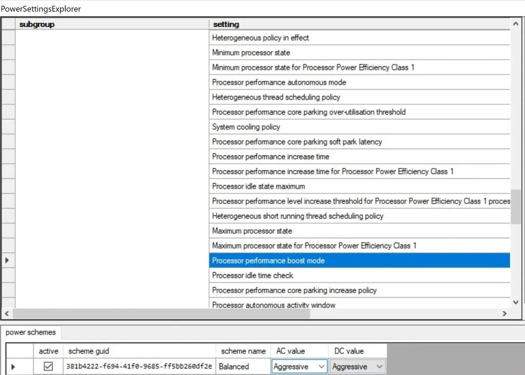Giao diện Power Settings Explorer hiển thị các tùy chọn cài đặt nguồn của bộ xử lý