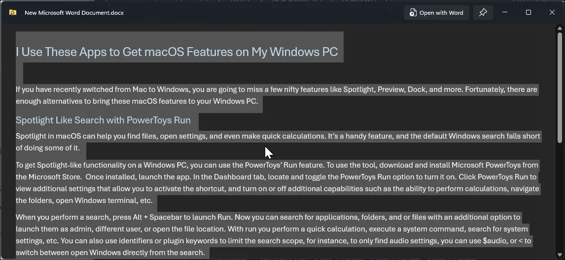 Giao diện PowerToys Peek hiển thị bản xem trước tài liệu văn bản trên Windows 11, một tính năng giống Quick Look của macOS.