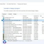 Giao diện Programs and Features cổ điển trên Windows, hiển thị danh sách các ứng dụng đã cài đặt