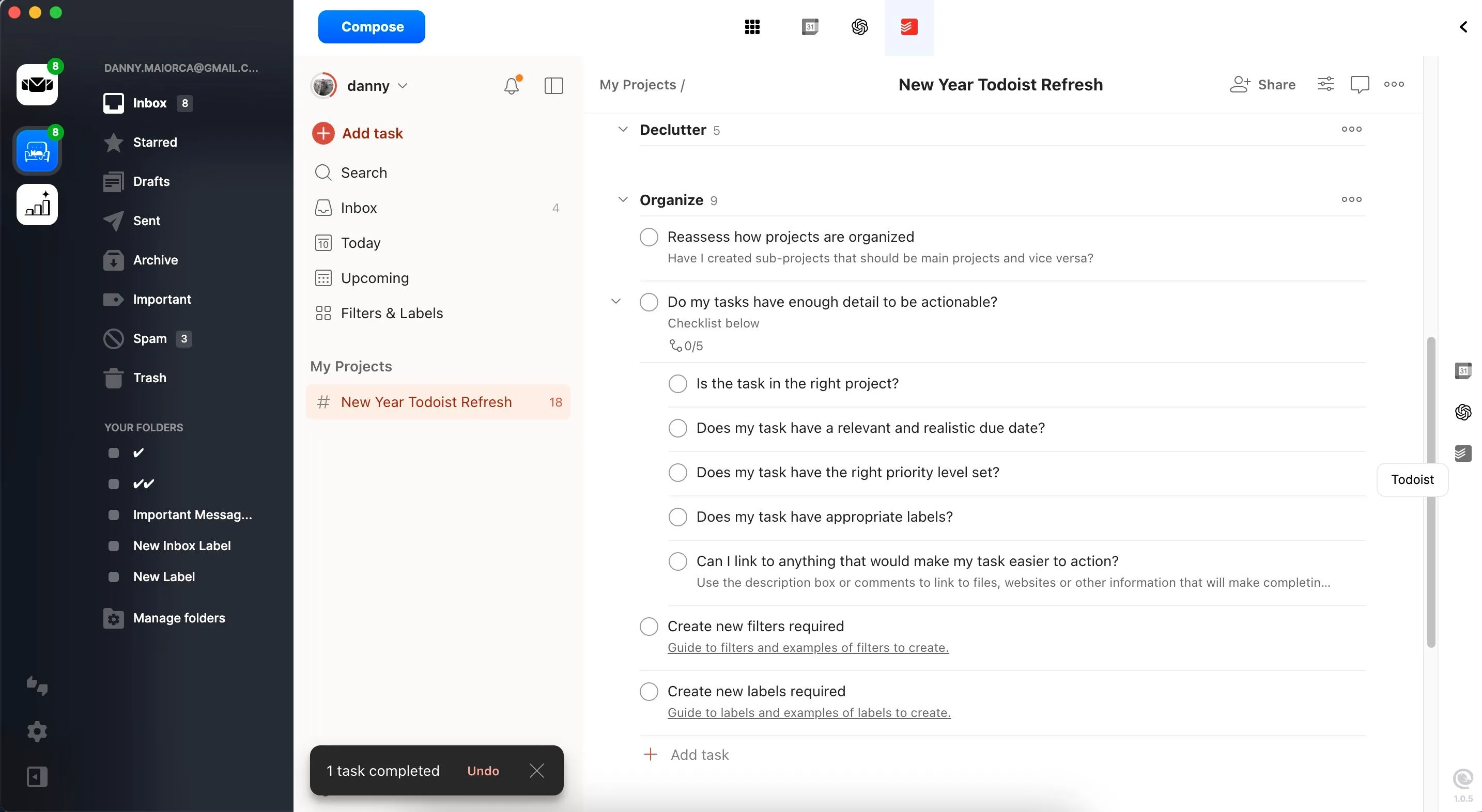 Giao diện quản lý các dự án và nhiệm vụ trong ứng dụng Todoist được tích hợp trực tiếp vào Mailbird