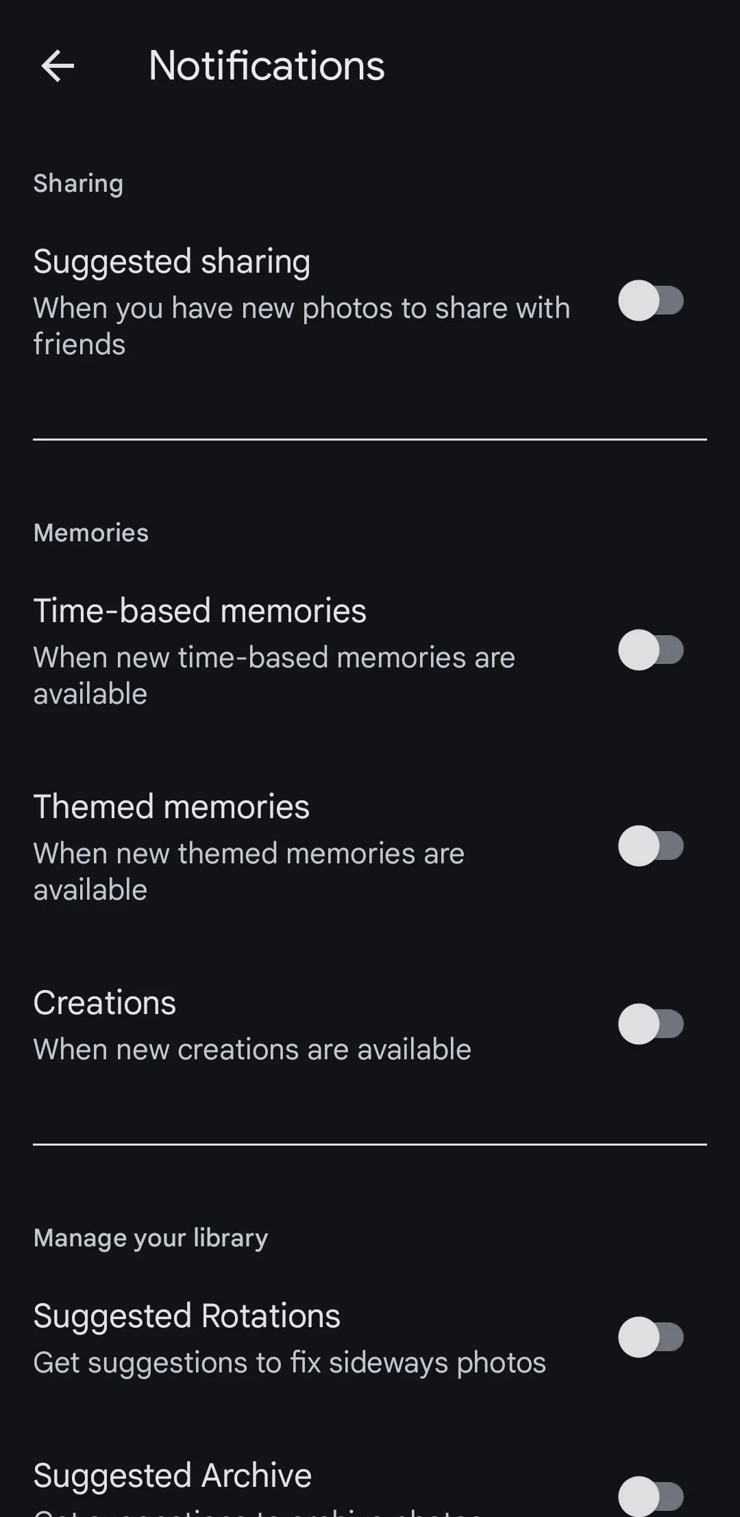 Giao diện quản lý các loại thông báo của Google Photos trên thiết bị Android
