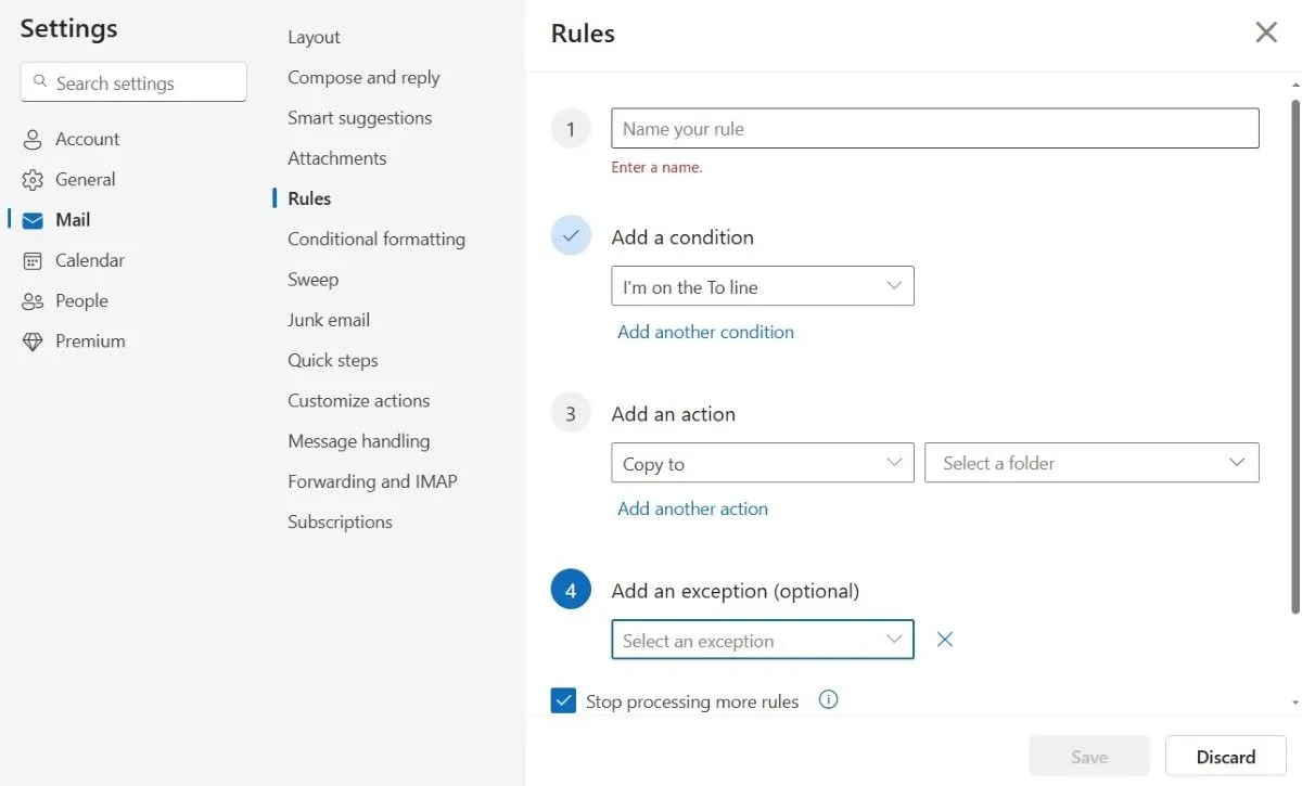 Giao diện quản lý các quy tắc (Rules) trong cài đặt email Outlook