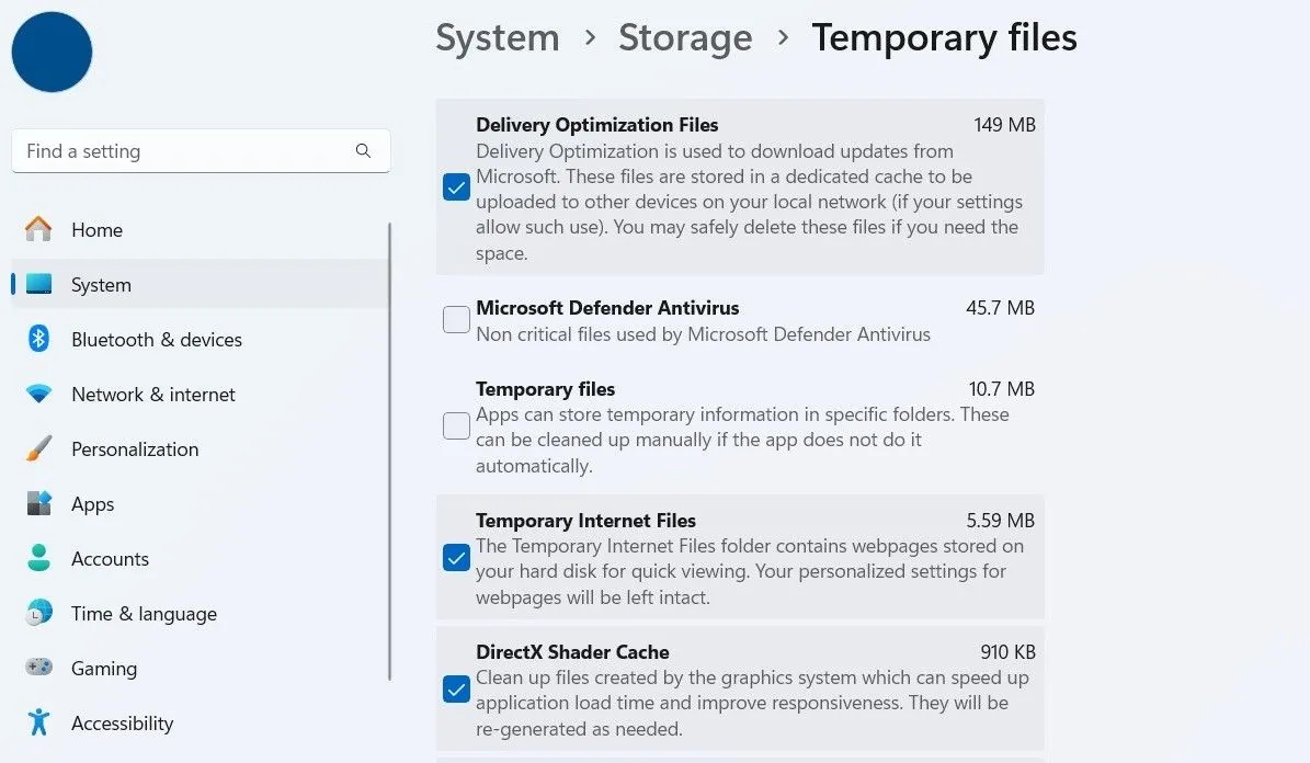 Giao diện quản lý các tệp tạm thời trong cài đặt Windows 11
