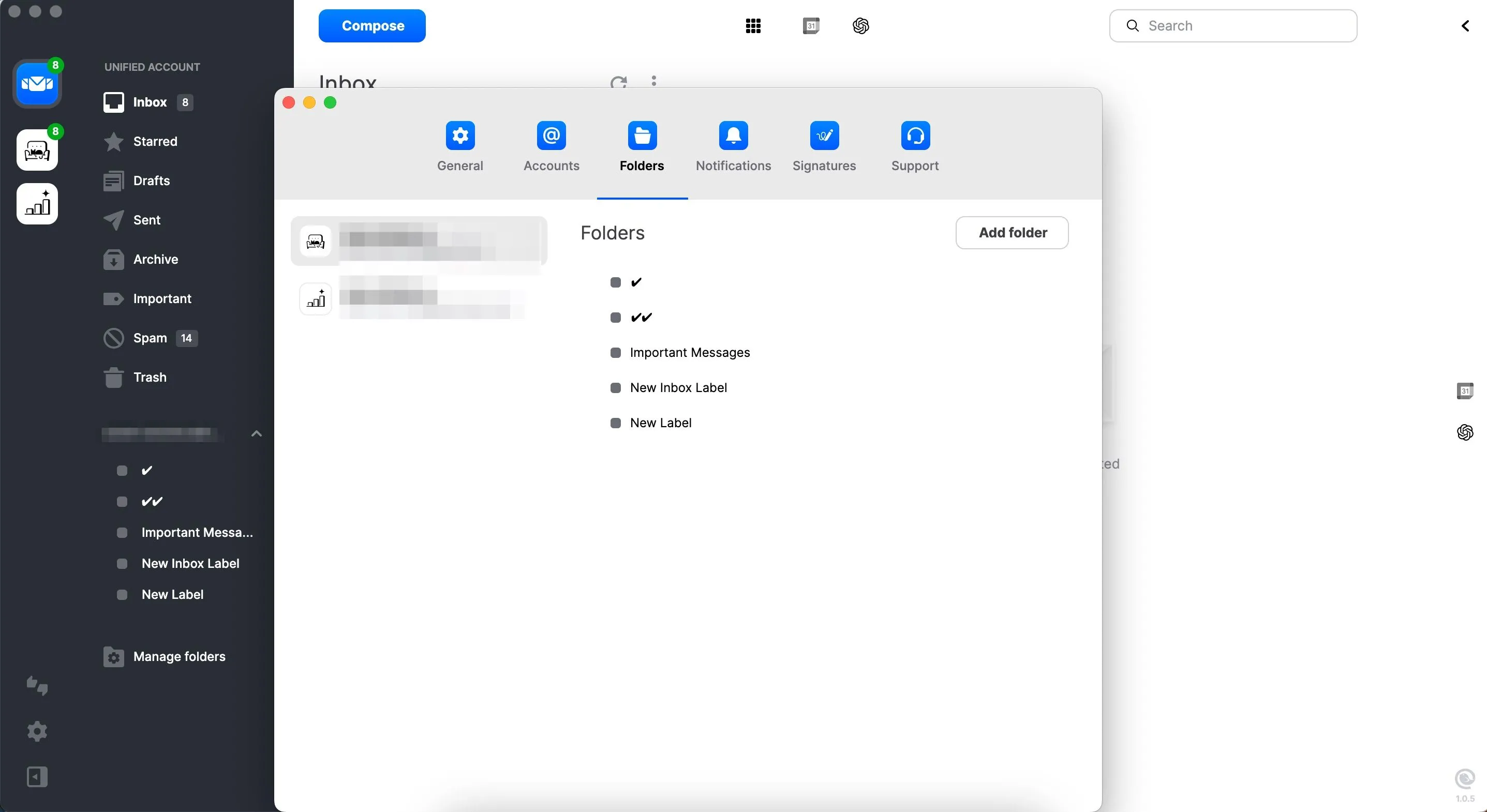 Giao diện quản lý các thư mục và nhãn trong phần mềm Mailbird, giúp tổ chức email hiệu quả