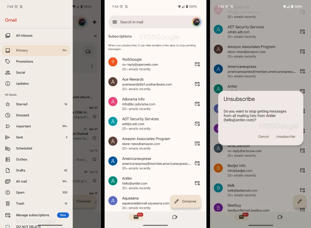 Giao diện quản lý đăng ký bản tin mới trong Gmail giúp hủy nhận email dễ dàng