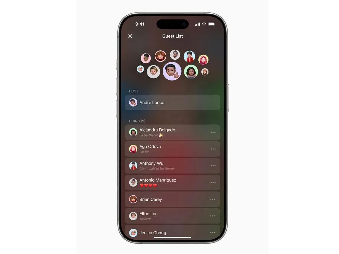 Giao diện quản lý danh sách khách mời trong ứng dụng Apple Invites.